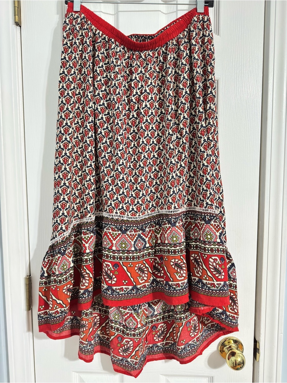 Hayden Los Angeles Boho Paisley Print High Low Midi Skirt Red Cream Size Large - Picture 2 of 12